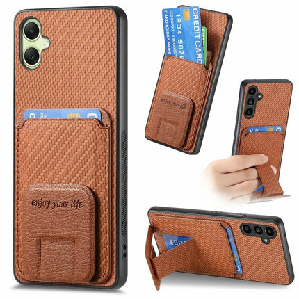 For Samsung Galaxy A06 Case Card Holder Carbon Fiber Texture Leather Coated TPU Phone Cover - Brown