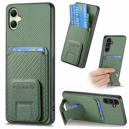 For Samsung Galaxy A06 Case Card Holder Carbon Fiber Texture Leather Coated TPU Phone Cover - Green