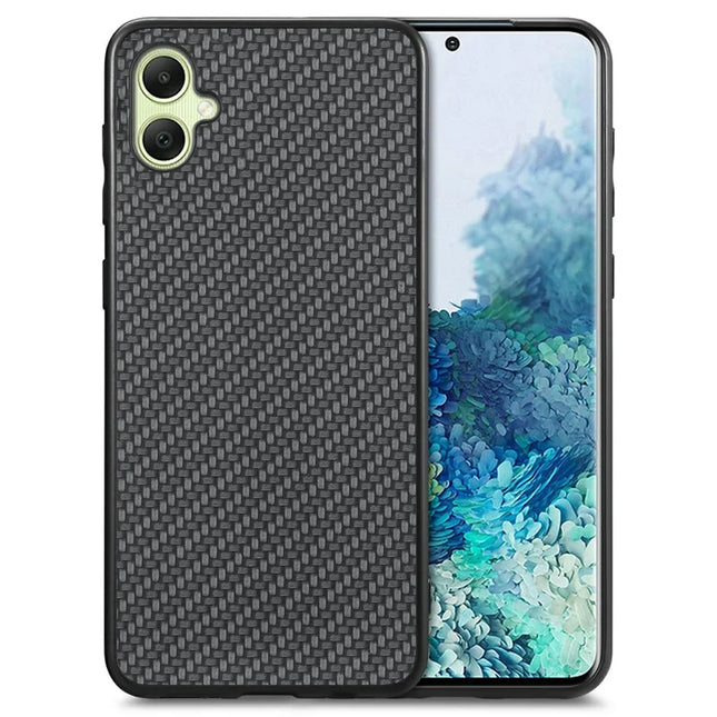 For Samsung Galaxy A06 Case Carbon Fiber Texture PU+PC+TPU Phone Cover - Black