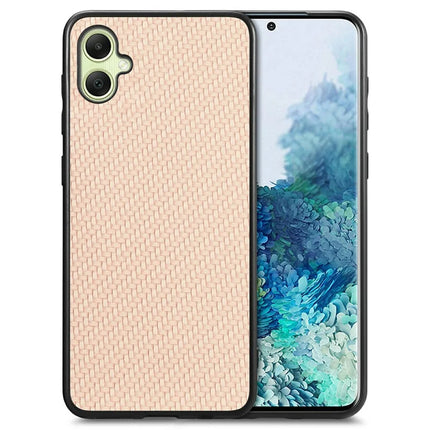 For Samsung Galaxy A06 Case Carbon Fiber Texture PU+PC+TPU Phone Cover - Apricot