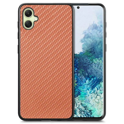 For Samsung Galaxy A06 Case Carbon Fiber Texture PU+PC+TPU Phone Cover - Brown