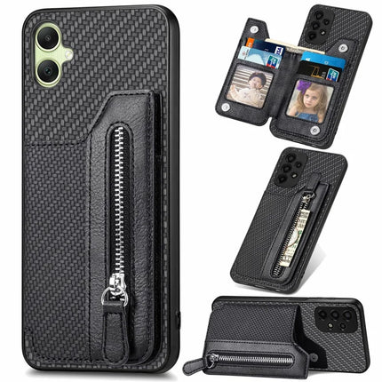 For Samsung Galaxy A06 Case Leather+PC+TPU Zipper Pocket Kickstand Phone Cover - Black