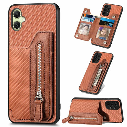 For Samsung Galaxy A06 Case Leather+PC+TPU Zipper Pocket Kickstand Phone Cover - Brown