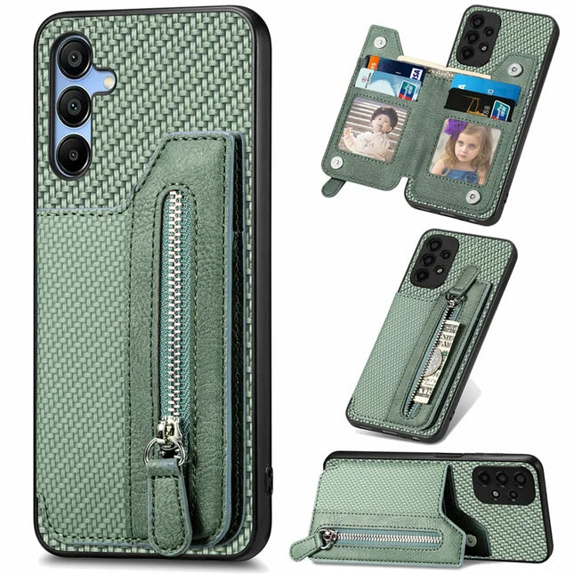 For Samsung Galaxy A16 4G / 5G Case Leather+PC+TPU Zipper Pocket Kickstand Phone Cover - Green