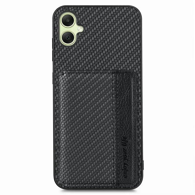 For Samsung Galaxy A06 Case RFID Blocking Card Holder Carbon Fiber Leather+PC+TPU Phone Cover - Black