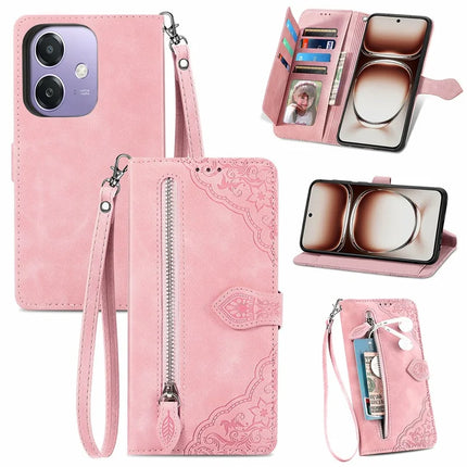 For Oppo A3x 5G Zipper Wallet Case Flower Imprint PU Leather Phone Cover with Strap - Pink