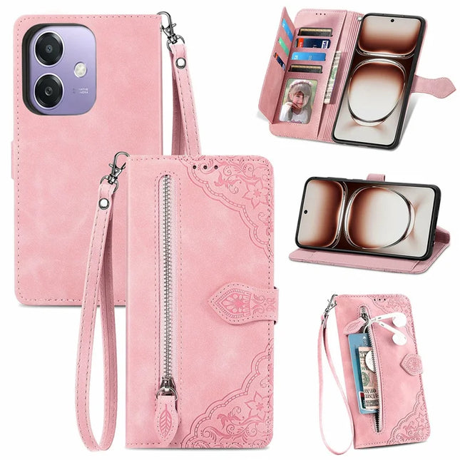 For Oppo A3x 5G Zipper Wallet Case Flower Imprint PU Leather Phone Cover with Strap - Pink