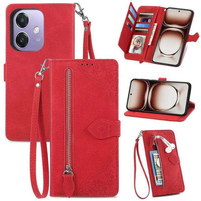 For Oppo A3x 5G Zipper Wallet Case Flower Imprint PU Leather Phone Cover with Strap - Red