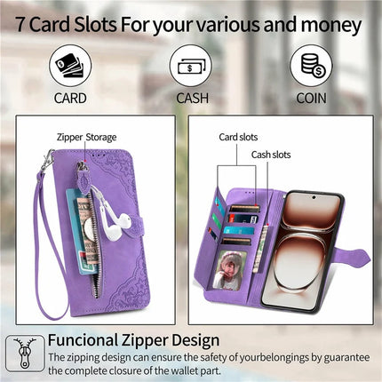 For Oppo A3x 5G Zipper Wallet Case Flower Imprint PU Leather Phone Cover with Strap