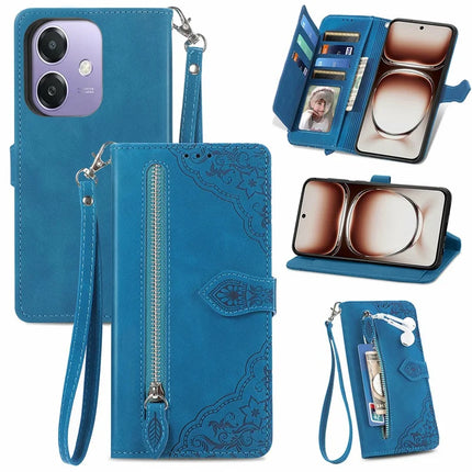 For Oppo A3x 5G Zipper Wallet Case Flower Imprint PU Leather Phone Cover with Strap - Blue
