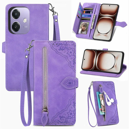 For Oppo A3x 5G Zipper Wallet Case Flower Imprint PU Leather Phone Cover with Strap - Light Purple