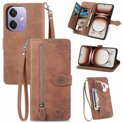 For Oppo A3x 5G Zipper Wallet Case Flower Imprint PU Leather Phone Cover with Strap - Brown