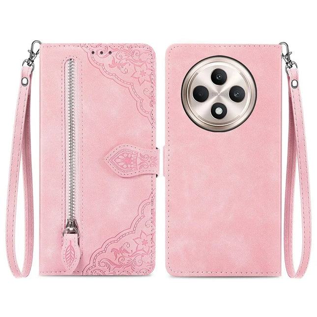 For Oppo F27 5G Zipper Wallet Case Flower Imprint PU Leather Phone Cover with Strap - Pink