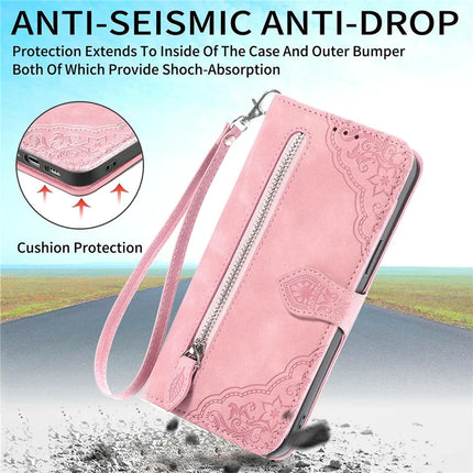 For Oppo F27 5G Zipper Wallet Case Flower Imprint PU Leather Phone Cover with Strap