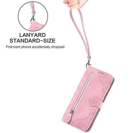 For Oppo F27 5G Zipper Wallet Case Flower Imprint PU Leather Phone Cover with Strap