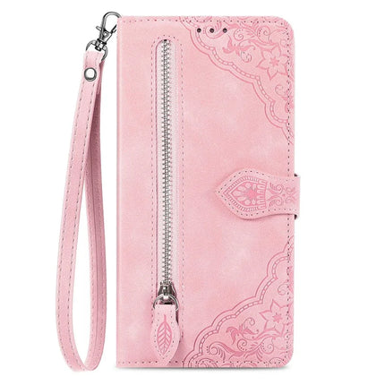 For Oppo F27 5G Zipper Wallet Case Flower Imprint PU Leather Phone Cover with Strap
