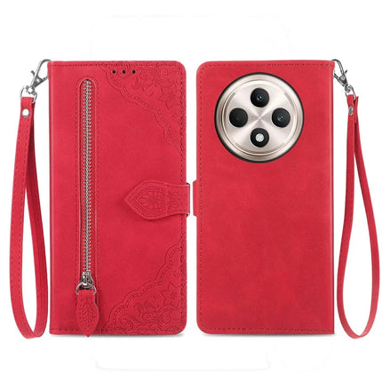 For Oppo F27 5G Zipper Wallet Case Flower Imprint PU Leather Phone Cover with Strap - Red