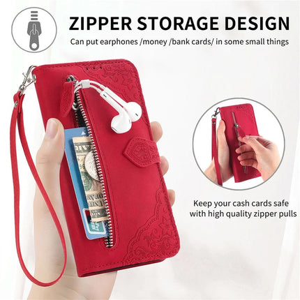 For Oppo F27 5G Zipper Wallet Case Flower Imprint PU Leather Phone Cover with Strap