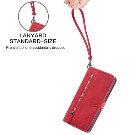 For Oppo F27 5G Zipper Wallet Case Flower Imprint PU Leather Phone Cover with Strap