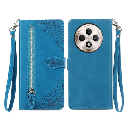 For Oppo F27 5G Zipper Wallet Case Flower Imprint PU Leather Phone Cover with Strap - Blue