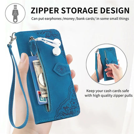 For Oppo F27 5G Zipper Wallet Case Flower Imprint PU Leather Phone Cover with Strap
