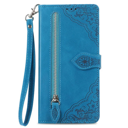 For Oppo F27 5G Zipper Wallet Case Flower Imprint PU Leather Phone Cover with Strap
