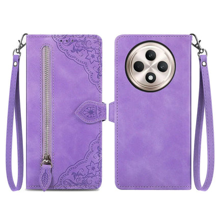 For Oppo F27 5G Zipper Wallet Case Flower Imprint PU Leather Phone Cover with Strap - Light Purple