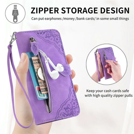 For Oppo F27 5G Zipper Wallet Case Flower Imprint PU Leather Phone Cover with Strap