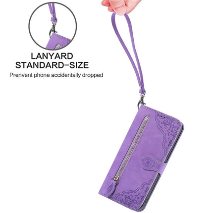 For Oppo F27 5G Zipper Wallet Case Flower Imprint PU Leather Phone Cover with Strap