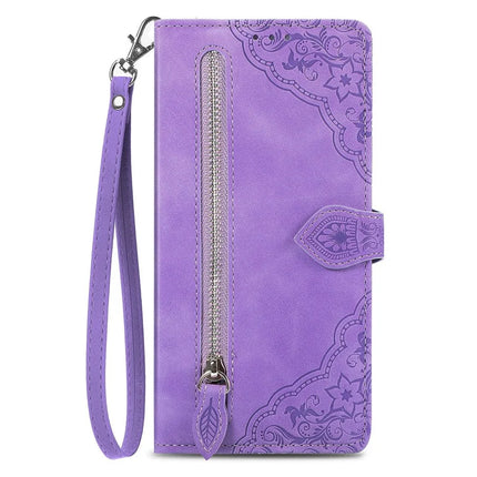 For Oppo F27 5G Zipper Wallet Case Flower Imprint PU Leather Phone Cover with Strap