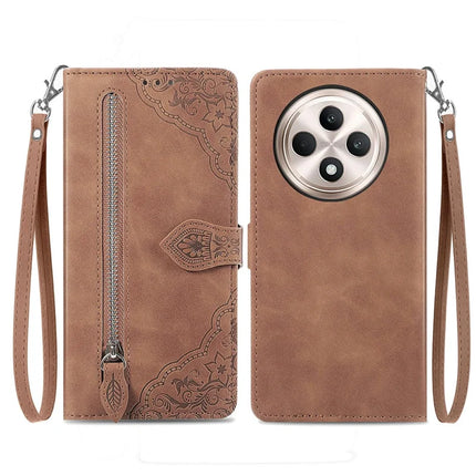 For Oppo F27 5G Zipper Wallet Case Flower Imprint PU Leather Phone Cover with Strap - Brown