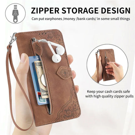 For Oppo F27 5G Zipper Wallet Case Flower Imprint PU Leather Phone Cover with Strap