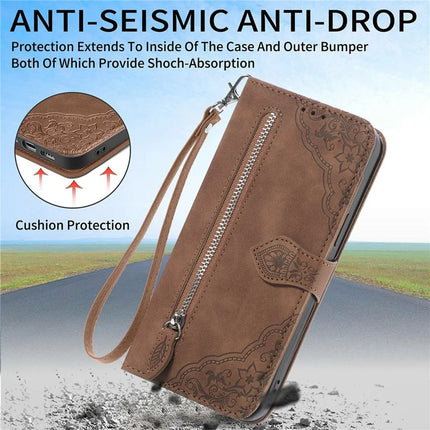 For Oppo F27 5G Zipper Wallet Case Flower Imprint PU Leather Phone Cover with Strap