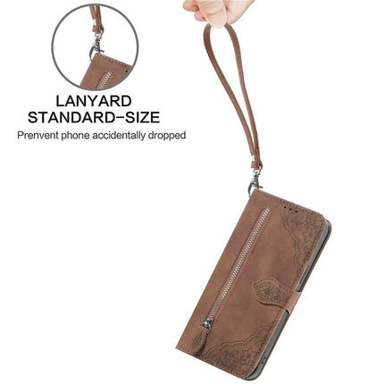 For Oppo F27 5G Zipper Wallet Case Flower Imprint PU Leather Phone Cover with Strap