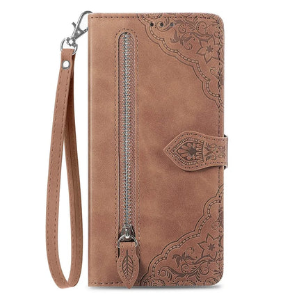 For Oppo F27 5G Zipper Wallet Case Flower Imprint PU Leather Phone Cover with Strap
