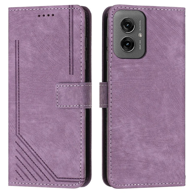 For Motorola Moto G55 5G Case Imprinted Lines Leather Phone Cover Folding Stand - Purple