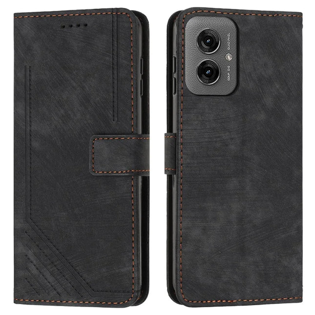 For Motorola Moto G55 5G Case Imprinted Lines Leather Phone Cover Folding Stand - Black