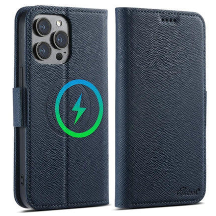 SUTENI J08 For iPhone 12 Pro Max Case Compatible with MagSafe Cross Texture Leather Wallet Phone Cover - Blue