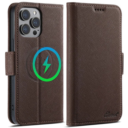 SUTENI J08 For iPhone 12 Pro Max Case Compatible with MagSafe Cross Texture Leather Wallet Phone Cover - Brown
