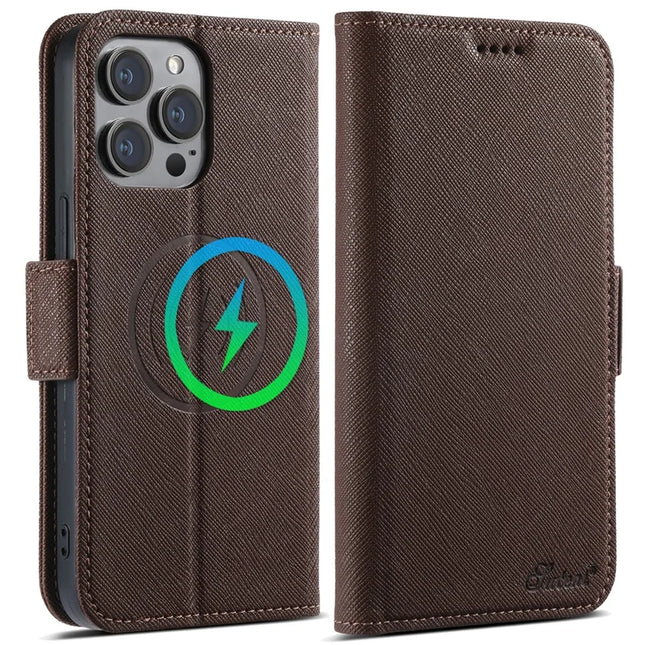 SUTENI J08 For iPhone 12 Pro Max Case Compatible with MagSafe Cross Texture Leather Wallet Phone Cover - Brown