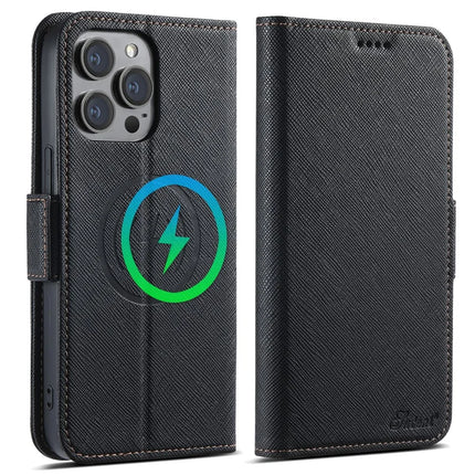 SUTENI J08 For iPhone 12 Pro Max Case Compatible with MagSafe Cross Texture Leather Wallet Phone Cover - Black