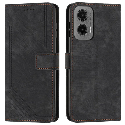 For Motorola Moto G35 5G Case Imprinted Lines Leather Phone Cover Folding Stand - Black