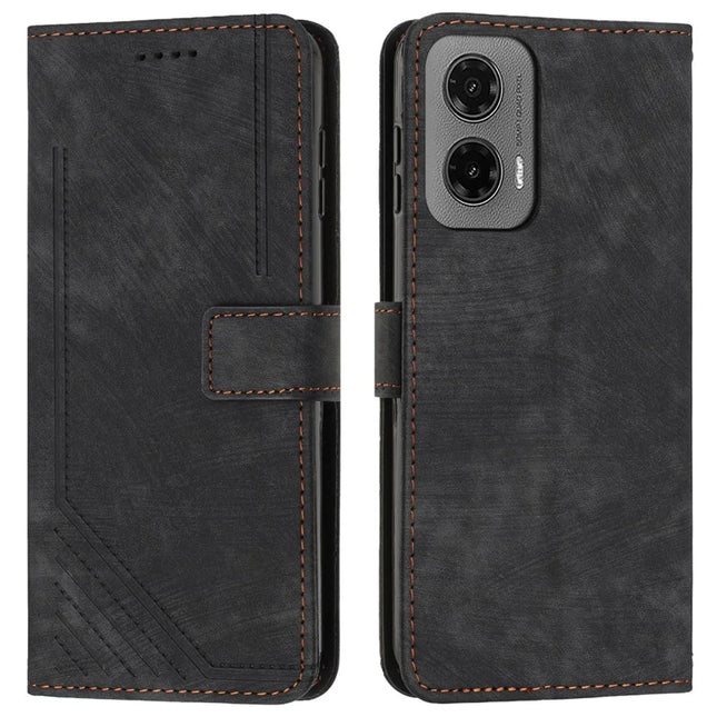 For Motorola Moto G35 5G Case Imprinted Lines Leather Phone Cover Folding Stand - Black