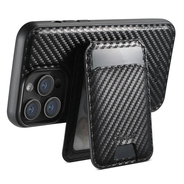 SUTENI H18 For iPhone 12 Pro Max Magnetic Case Carbon Fiber Texture Leather+TPU Cover with Detachable Card Bag