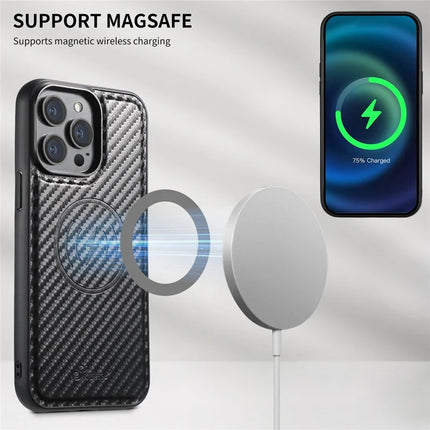 SUTENI H18 For iPhone 12 Pro Max Magnetic Case Carbon Fiber Texture Leather+TPU Cover with Detachable Card Bag