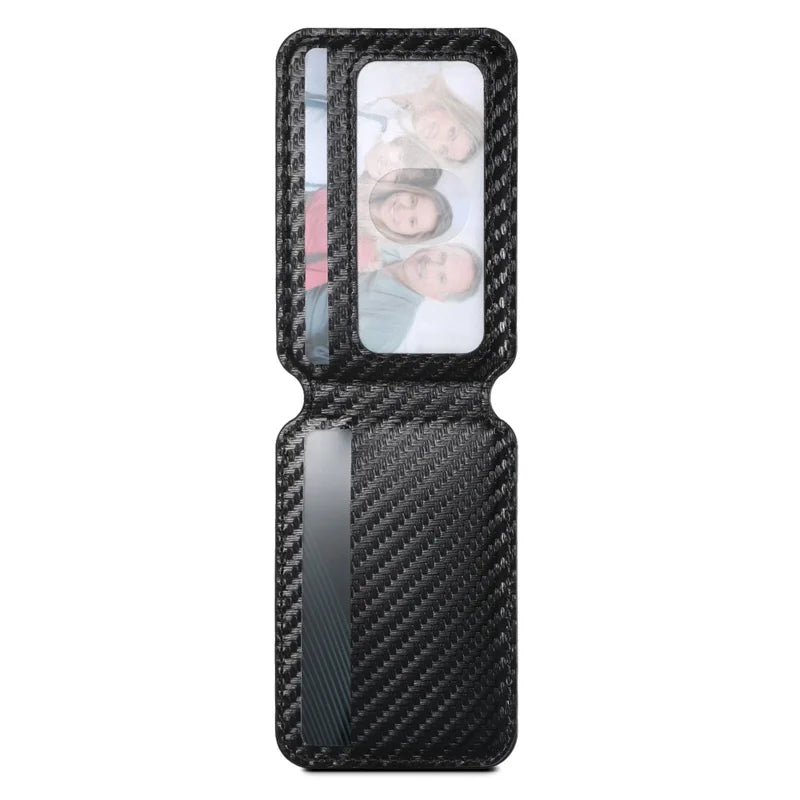 ShopCaseCart Premium Kickstand iPhone 15 Pro Snap-on Protective cover Carbon Fiber Texture Leather+TPU Guard with Detachable Card Bag