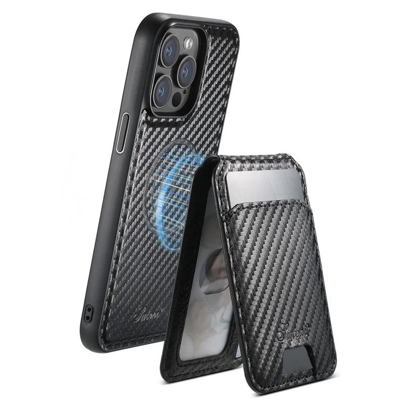 ShopCaseCart Premium Kickstand iPhone 15 Pro Snap-on Protective cover Carbon Fiber Texture Leather+TPU Guard with Detachable Card Bag