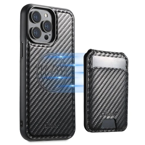 ShopCaseCart Premium Kickstand iPhone 15 Pro Max Snap-on Protective cover Carbon Fiber Texture Leather+TPU Guard with Detachable Card Bag