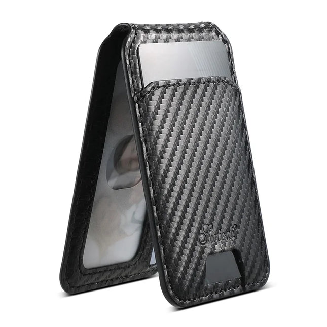 SUTENI H18 For iPhone 15 Pro Max Magnetic Case Carbon Fiber Texture Leather+TPU Cover with Detachable Card Bag