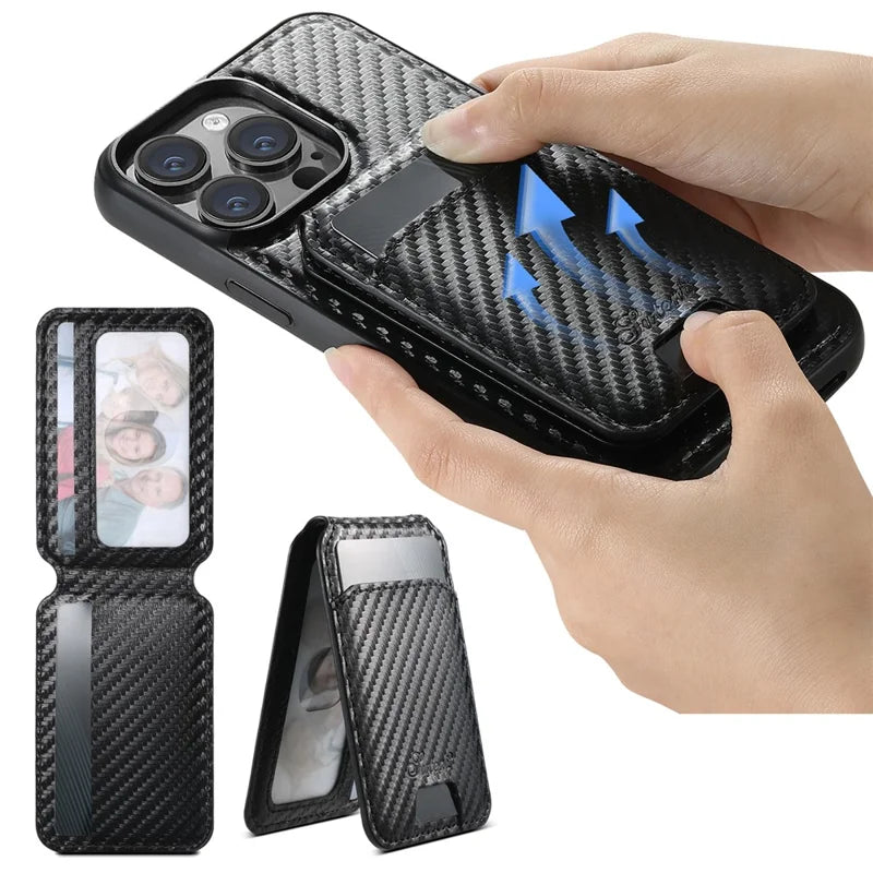 ShopCaseCart Premium Kickstand iPhone 15 Pro Max Snap-on Protective cover Carbon Fiber Texture Leather+TPU Guard with Detachable Card Bag